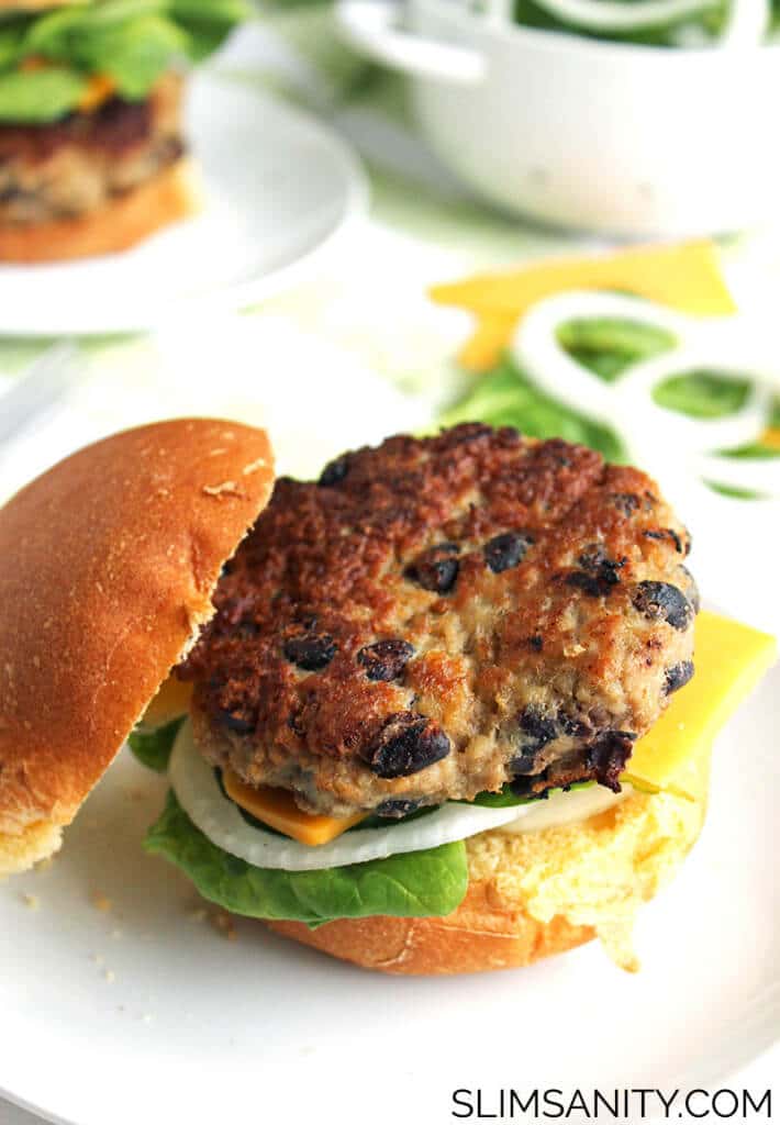 An angled photo of a black bean turkey burger.
