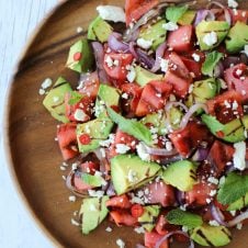 This Grilled Watermelon and Avocado Salad with lime vinaigrette and feta cheese will become a staple at your Father's Day BBQ.