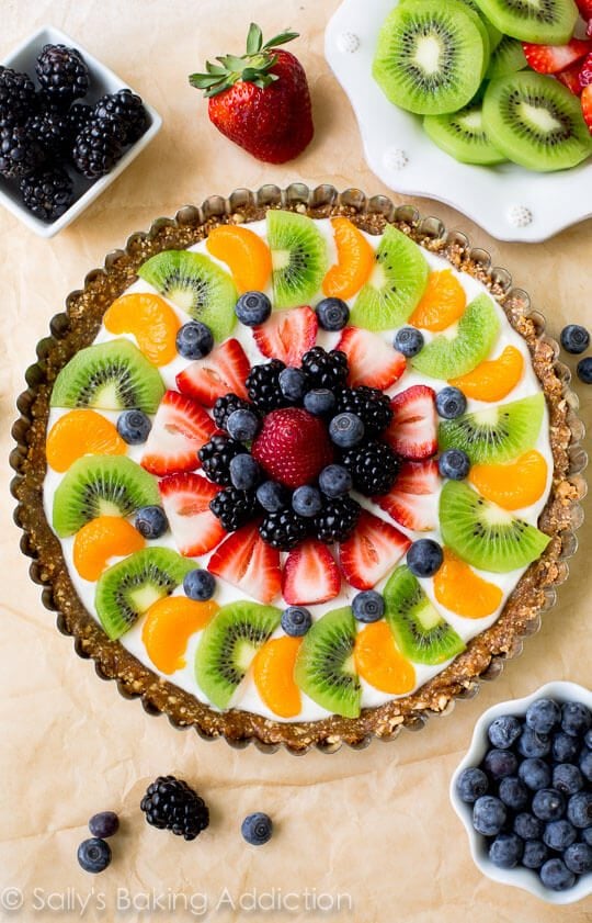 An overhead photo of a greek yogurt fruit tart.