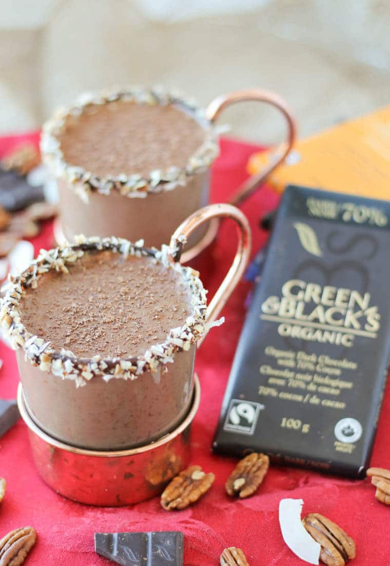 Two mugs of german chocolate cake cocktail.