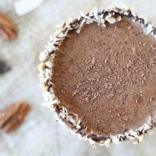 An overhead photo of a chocolate cake cocktail.