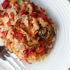A serving of tune casserole on a plate.