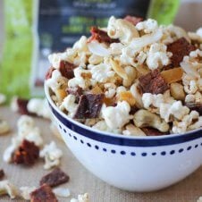 A bowl of protein party mix including jerky.