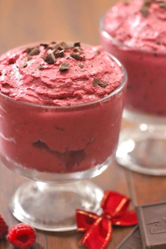 A glass of red velvet cookie dough dip.