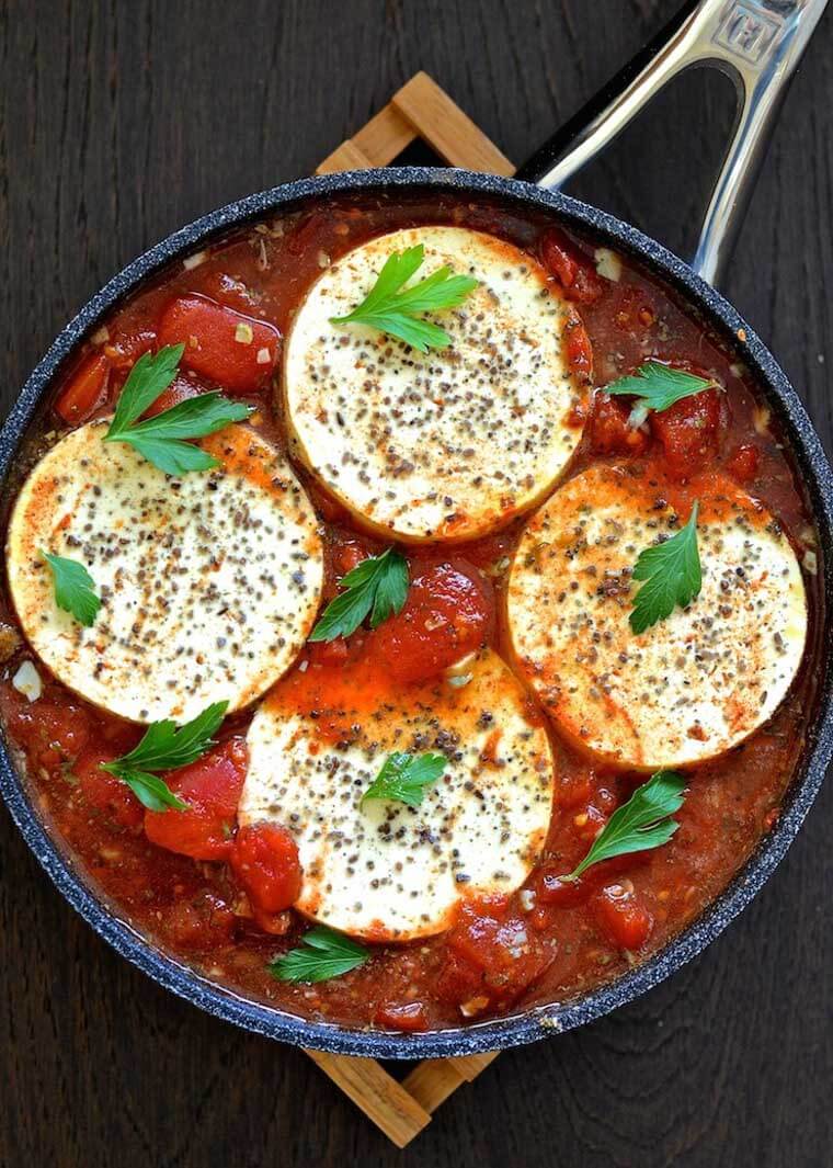 A skillet with tofu in purgatory.