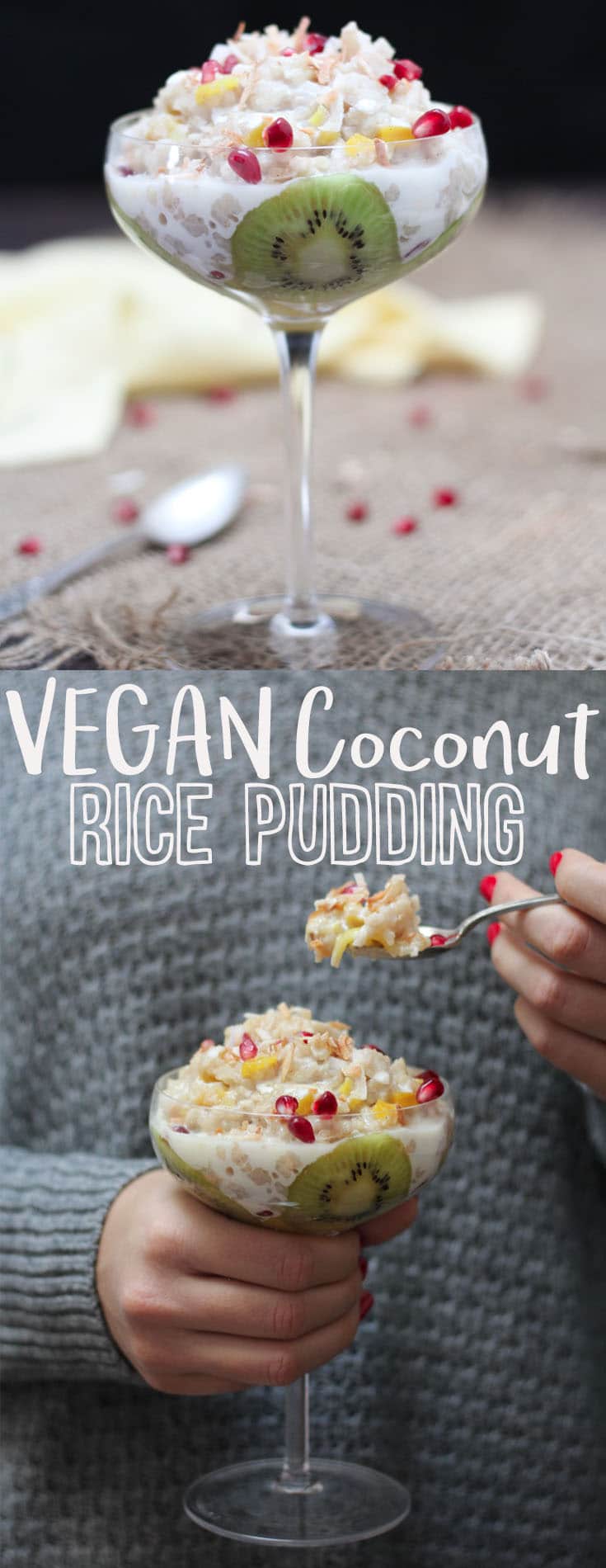 A pinterest image of rice pudding with text overlay \"Vegan Coconut Rice Pudding.\"