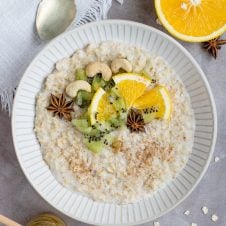 Overheat image of porridge with fruit on top."