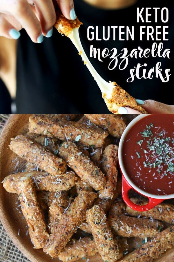 pinterest image of two hands pulling cheese from a keto mozzarella stick and a pile of mozzarella sticks on a wooden platter next to marinara sauce in a red ramekin topped with oregano and parmesan cheese with text overlay