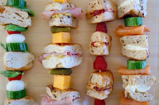 Bagel sandwich skewers.