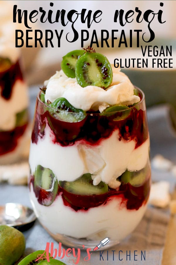 pinterest image of Nergi berry parfait in a glass with text overlay