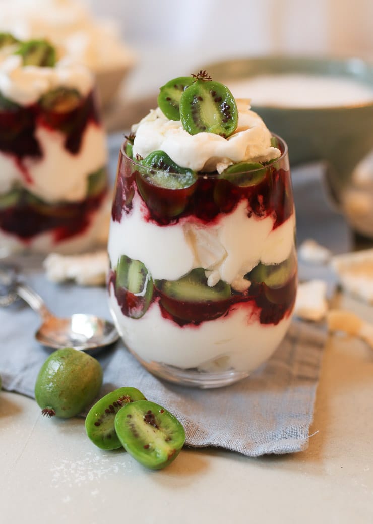Nergi berry parfait served in a glass.