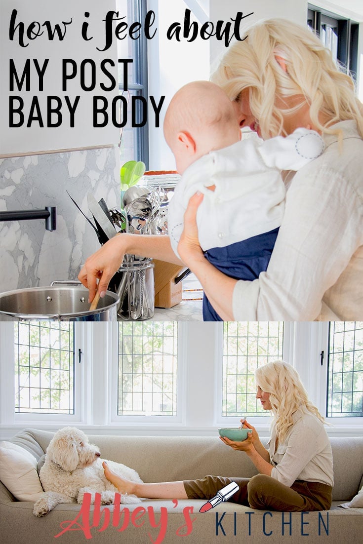 pinterest image of abbey with baby E above a photo of abbey eating on the couch to discuss her baby body with text overlay