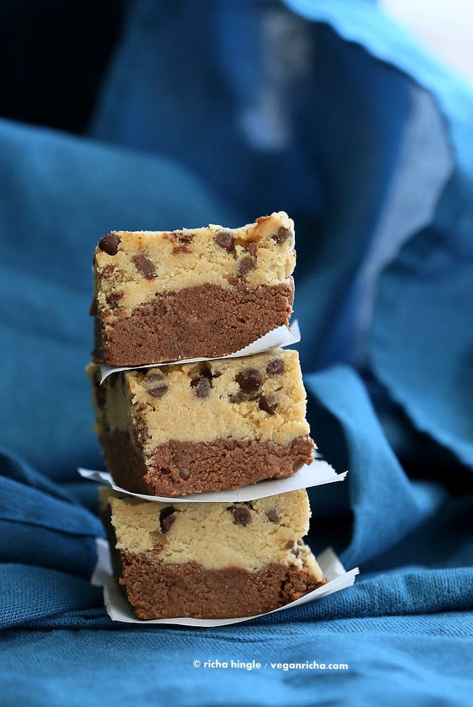 Dessert squares piled on top of each other. 