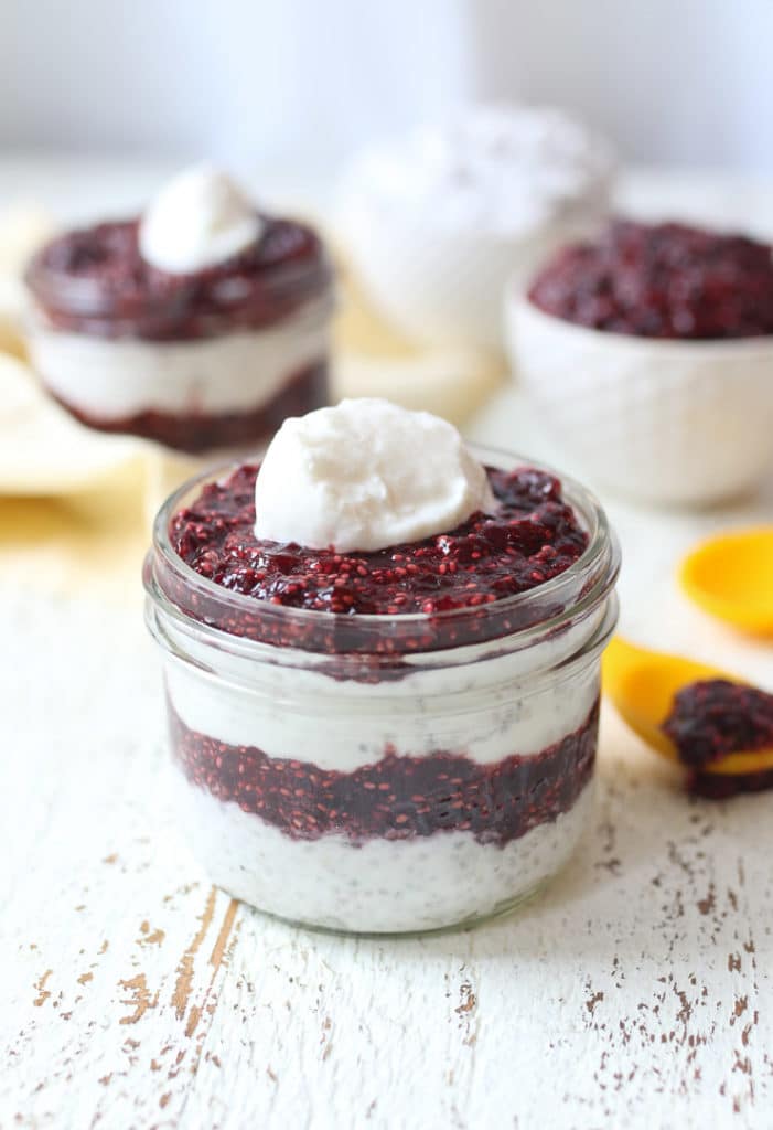 Vegan chia pudding in a small mason jar.