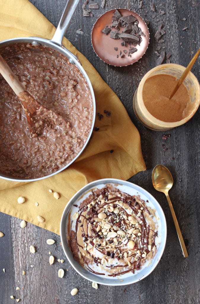 Bowl of chocolate peanut butter cauliflower oats.