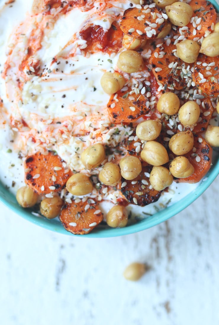 greek Yogurt bowl topped with chickpeas and spices.