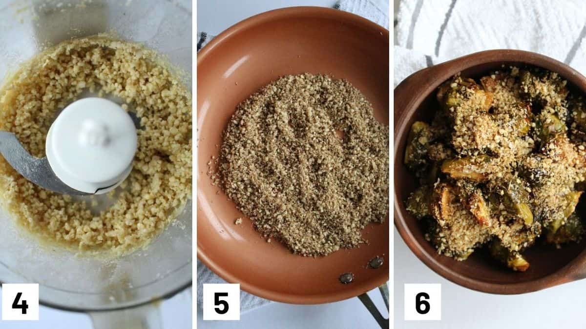 Step by step collage showing steps 4 to 6 including how to process cashews, heading cashews and cereal mixture on a frying pan, and mixing crumble on top of crispy vegetables. 