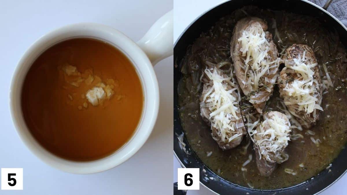 Images of the final two steps to make recipe including making a roux and adding cheese on top of the chicken breasts. 