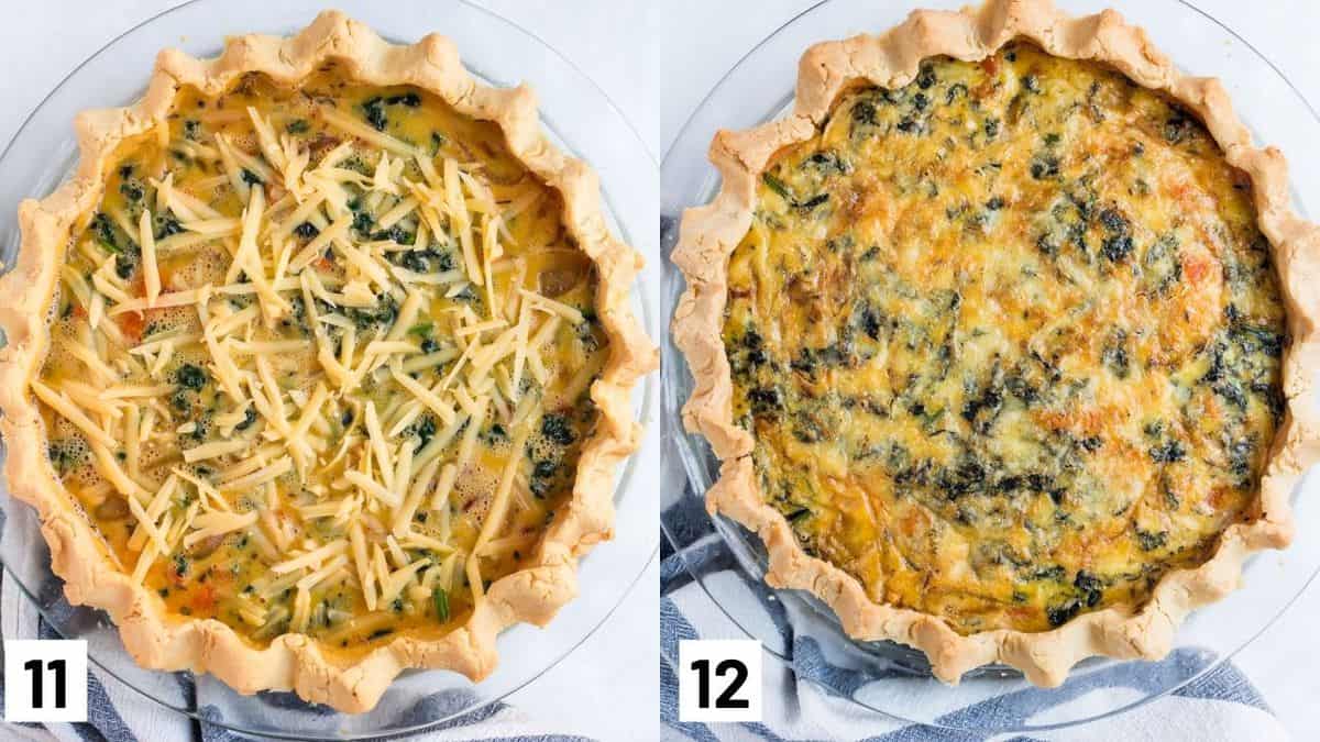 Two side by side images showing egg mixture being added to the gluten free crust and topped with cheese, as well as the final finished dish. 