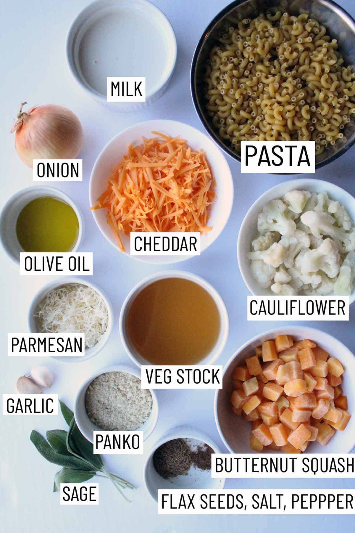 Overhead image of ingredients required to make a butternut mac and cheese recipe.