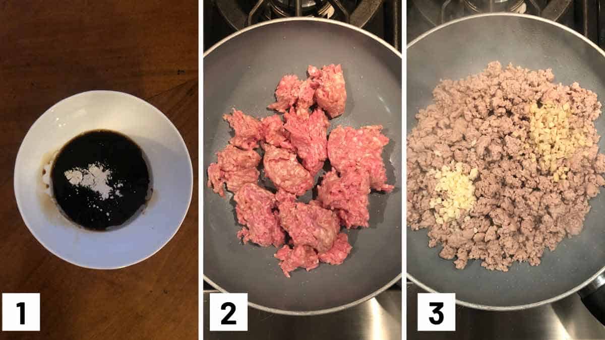 Process shot showing making the stir-fry sauce, browning meat, and adding in garlic and ginger.