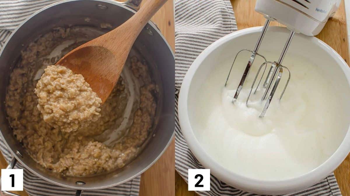 First two steps of protein oatmeal recipe showing how the oatmeal is cooked and whipping the egg whites. 