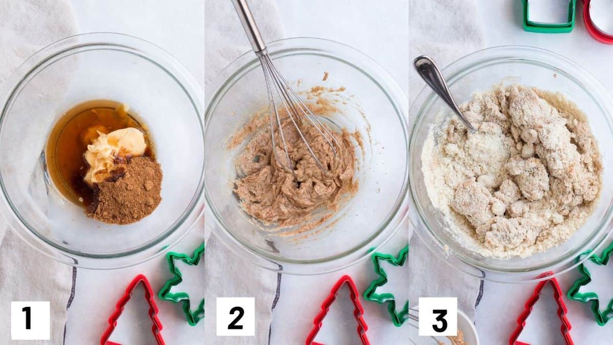 Three side by side images showing how to make the gluten free Christmas cookie recipe. 