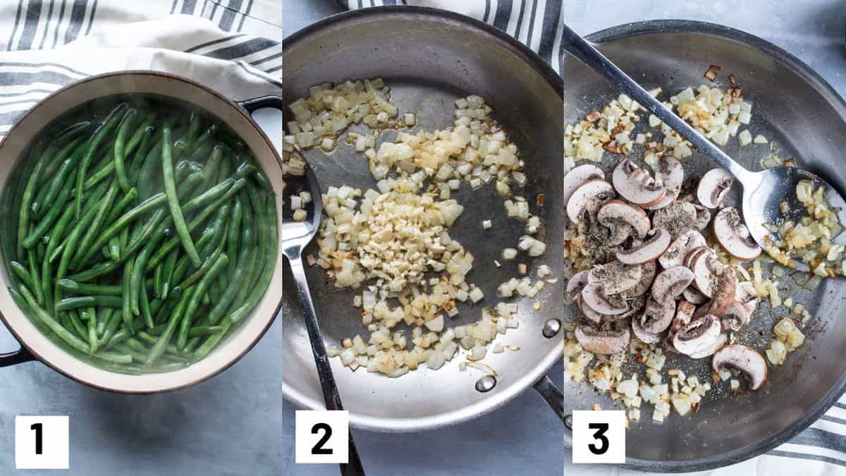 Three side by side images of the first three steps of the recipe including blanching the green onions, and sauteing onions, garlic, and mushrooms. 