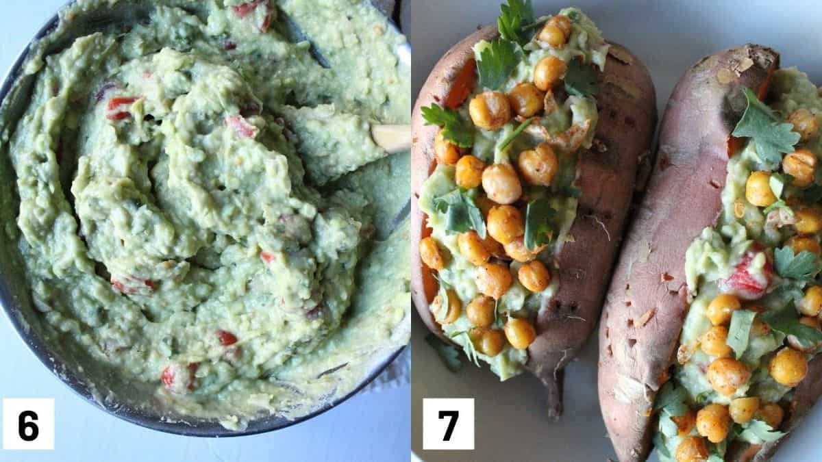 Two images showing the final guacamole mixture and two avocado stuffed sweet potatoes with crispy chickpeas. 