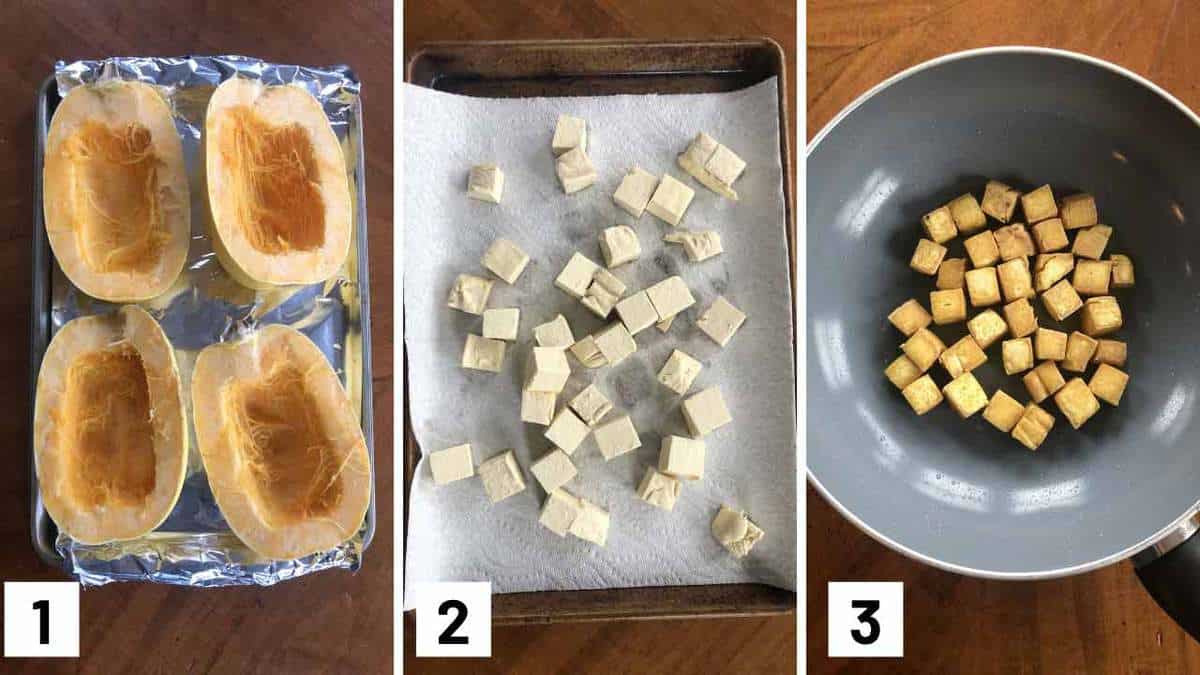 Step by step photos showing how to roast a spaghetti squash, cut tofu, and stir fry tofu.