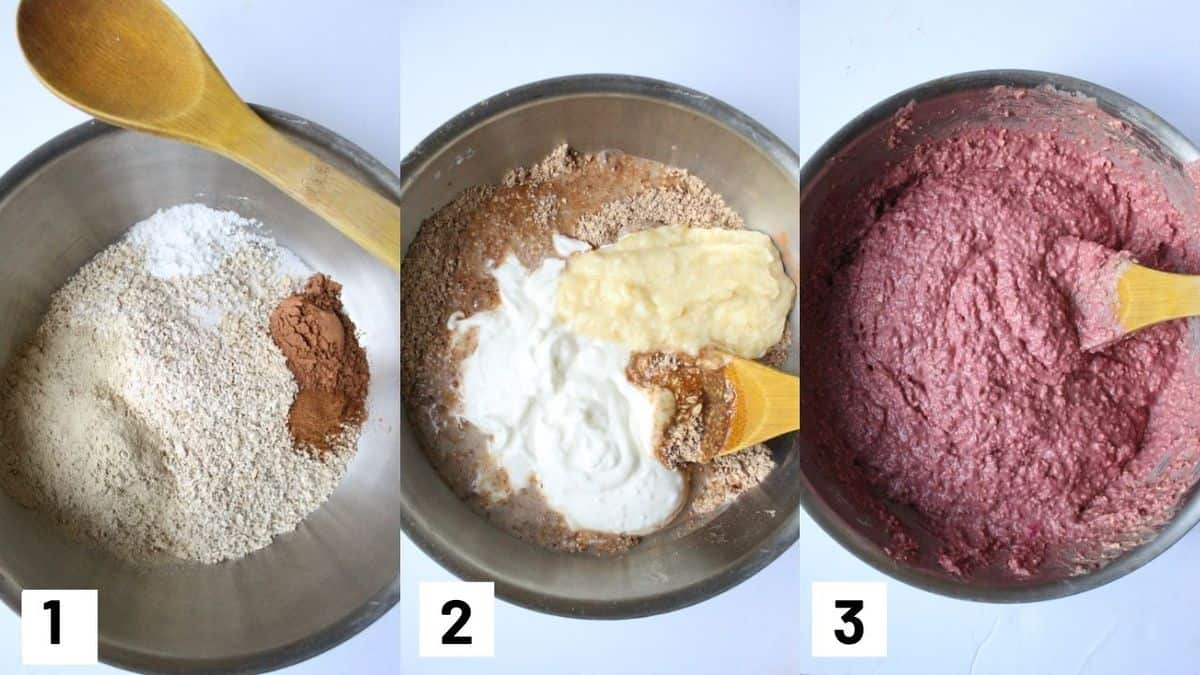 Three side by side images showing how to prepare recipe including preparing the dry and wet ingredients and combining to create pancake batter.