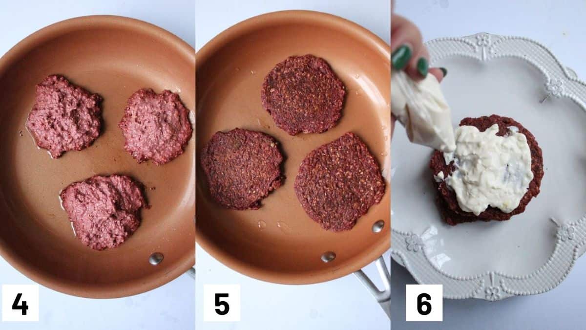 Three side by side images showing the pancakes cooking on a skillet and cream cheese mixture being added to the top with a piping bag.