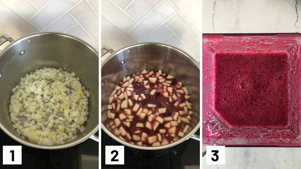 Step by step photos making beet soup: sauteing onions, garlic, ginger, adding in the broth, beets, and apples, and then blending it up.