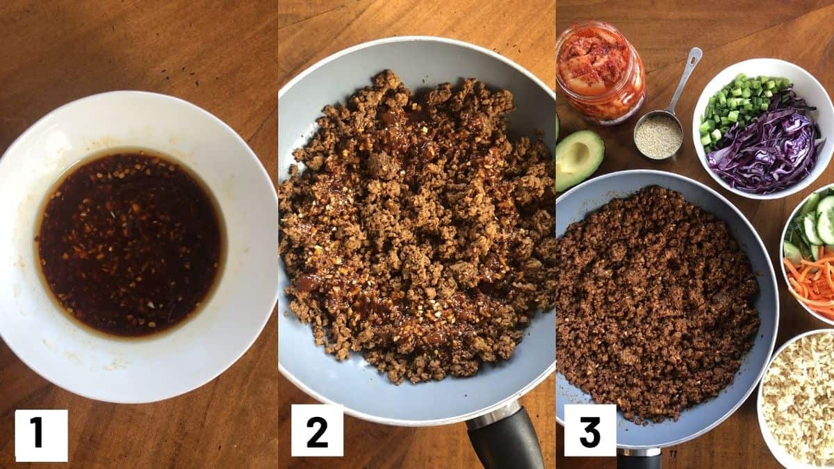 Three side by side images showing how to prepare recipe including how to make the sauce; sauteeing veggie meat, and adding toppings. 