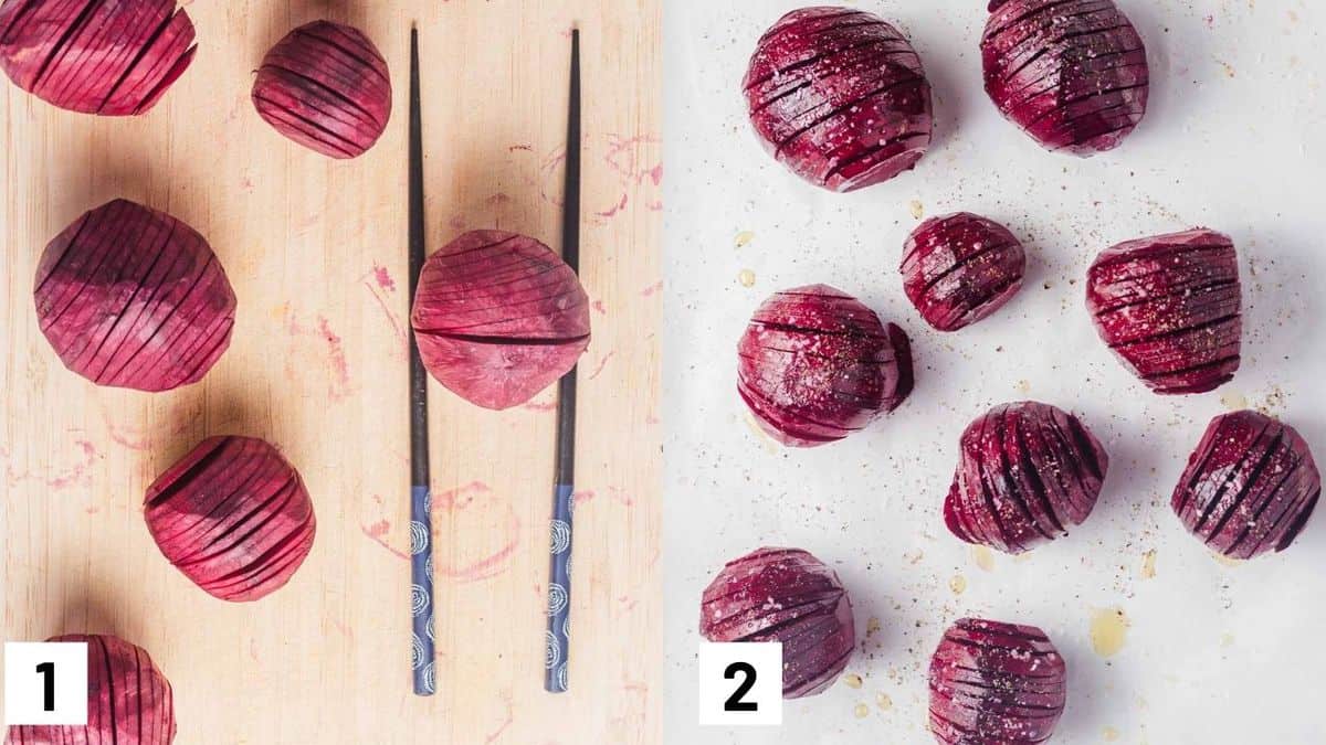 Two side by side images showing how to slice and roast beets. 