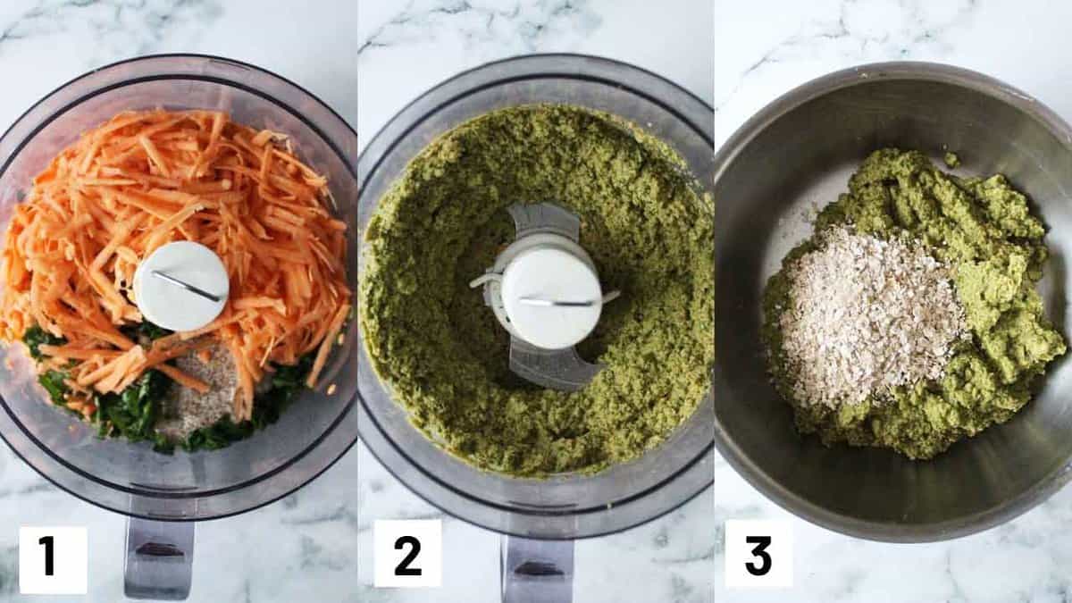 Three side by side images showing how to prepare fritters in the foot processor and binding them with the oats. 