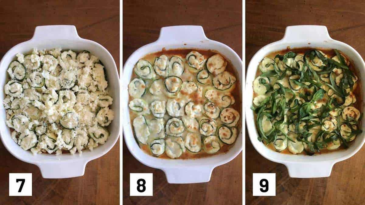 Set of 3 photos showing cheese added to a pan of rolled up zucchini, baked, then topped with basil.