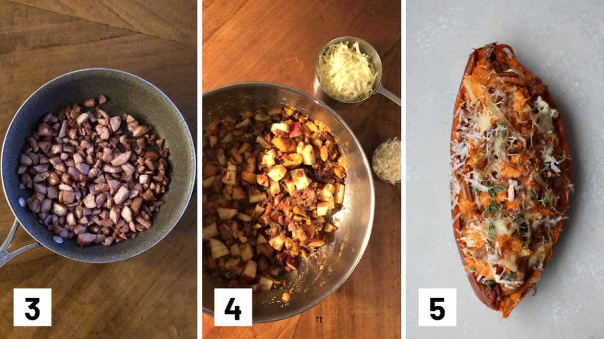 Set of 3 photos showing sausage being sauteed, stuffing being mixed, and a stuffed potato.