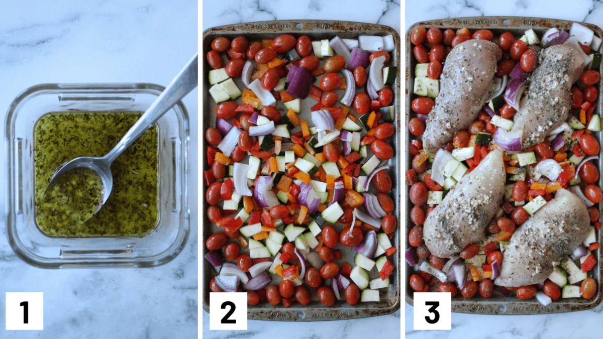 Set of three photos showing making a marinade, placing vegetables on a baking tray, and then adding chicken to it.
