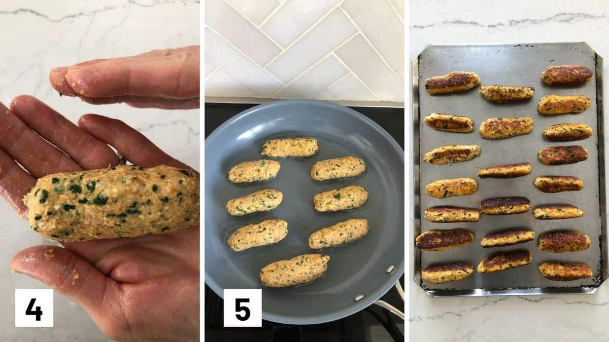 Set of 3 photos showing shaping salmon fitters before pan frying and baking them.