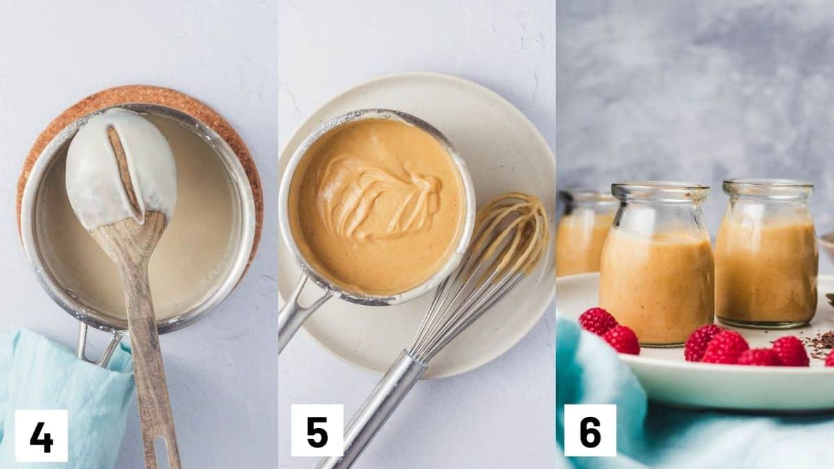 Three side by side images showing how to prepare dessert mixture. 