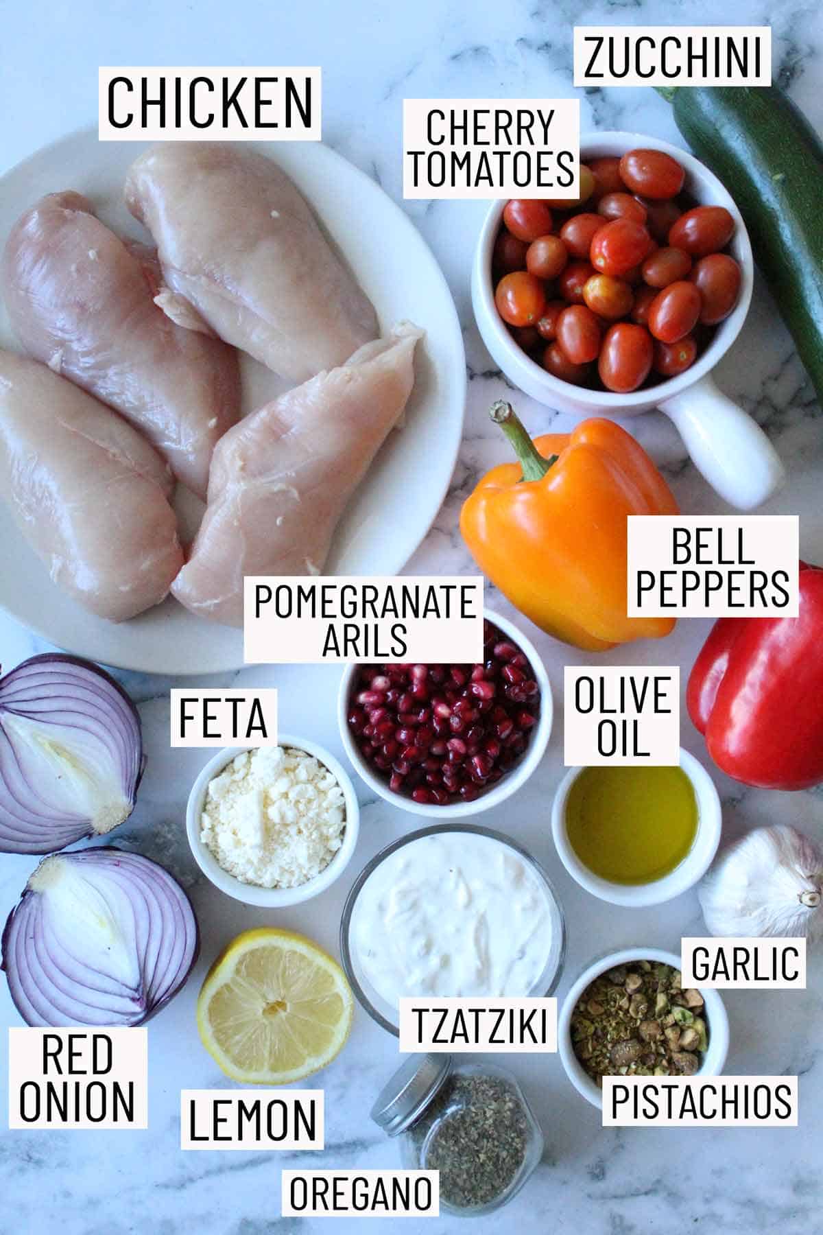 Overhead image for ingredients for a sheet pan dinner.