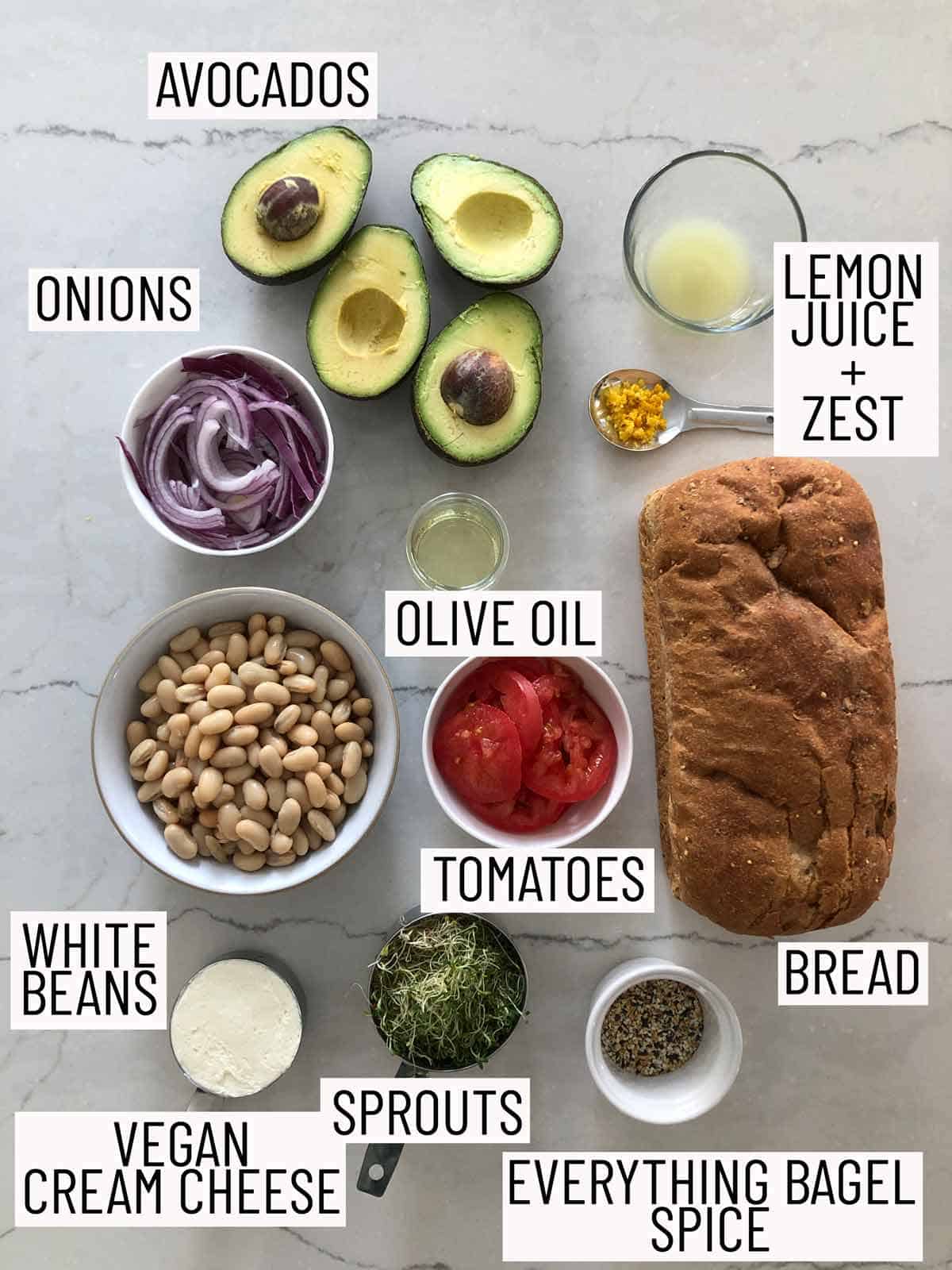 Ingredients required for a vegan bean sandwich.