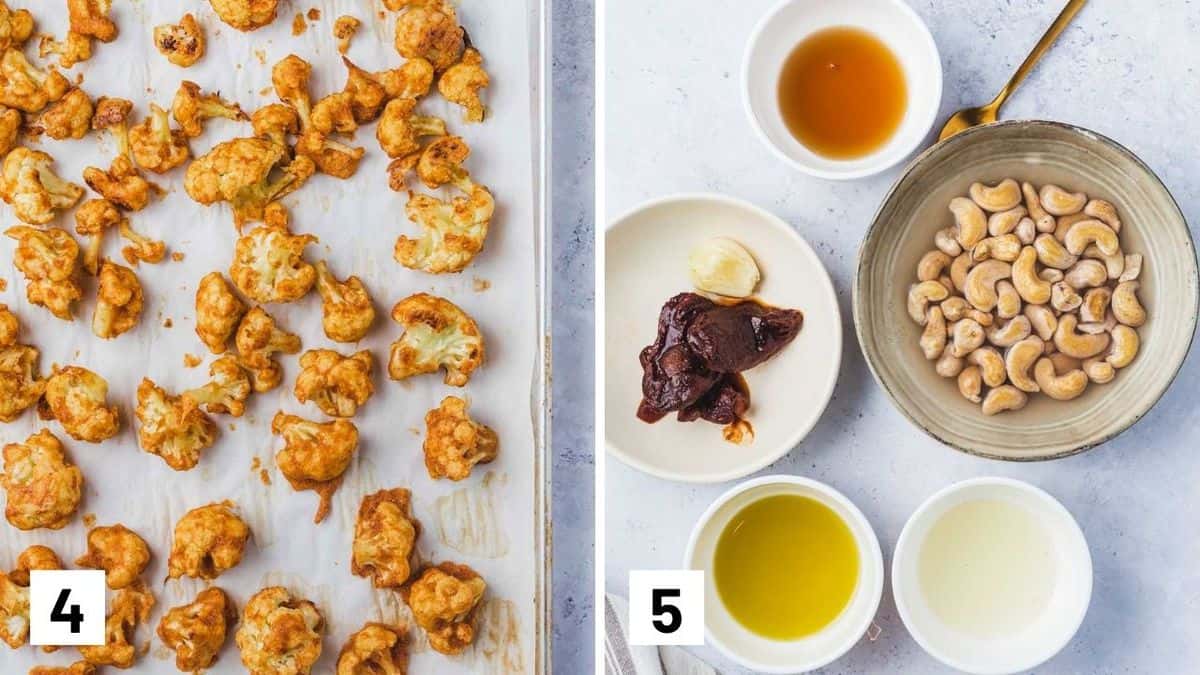 Set of two photos showing a sheet pan with baked vegan cauliflower wings and the ingredients for a chipotle aioli.