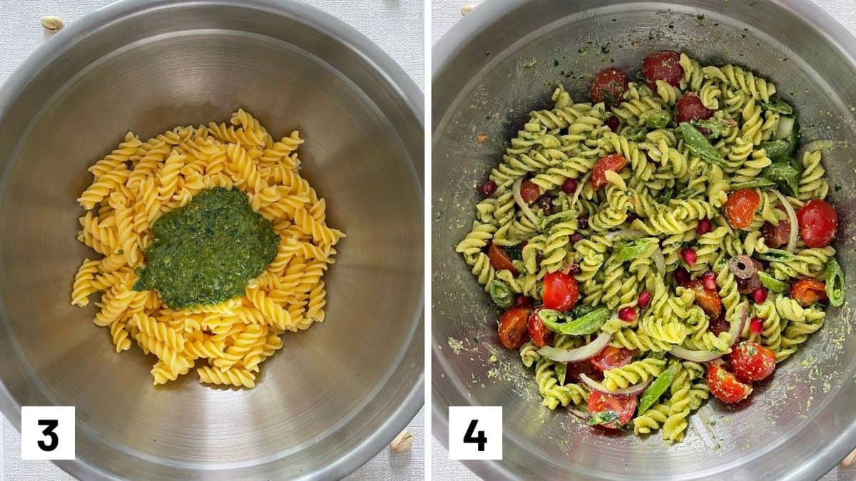 Set of two photos showing the pasta and pesto together in a bowl then tossed with vegetables.