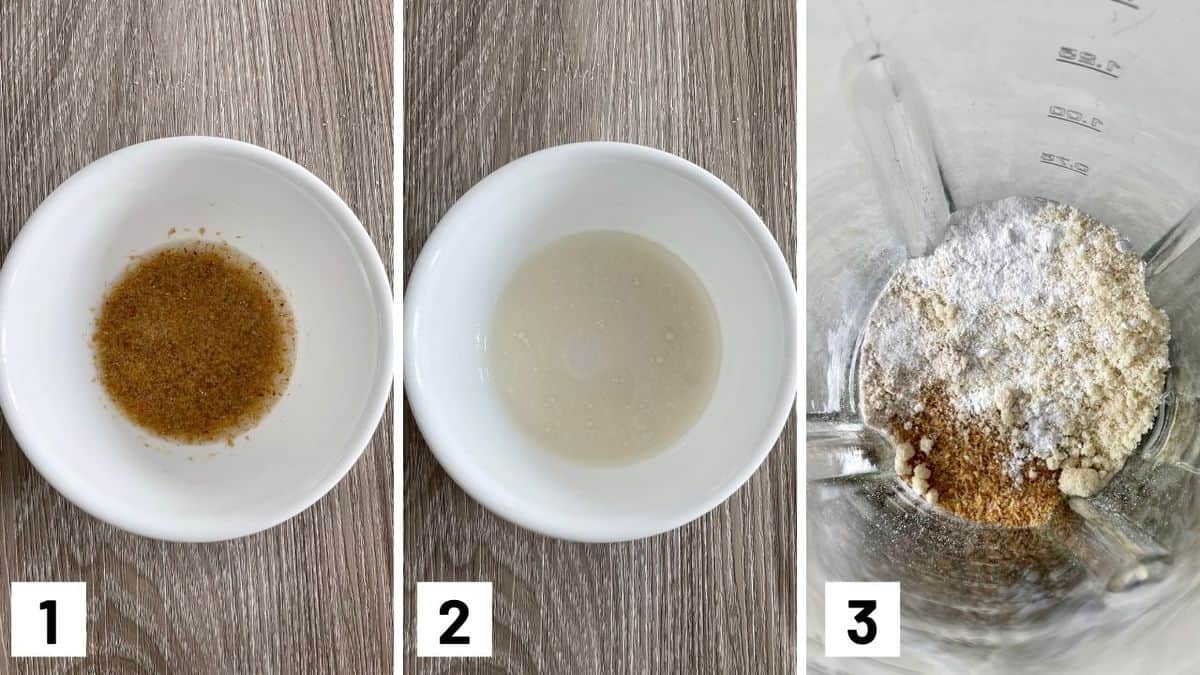 Set of three photos showing flax egg being made, then the ingredients combined and blended.
