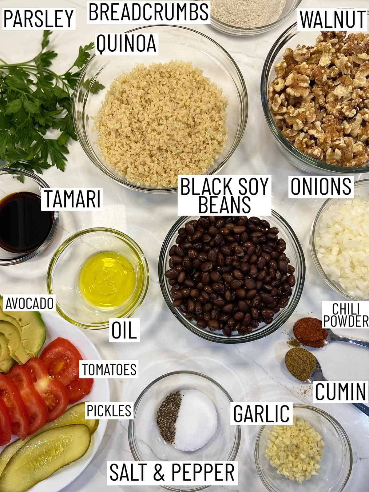 Ingredients needed to make vegan black bean burgers.