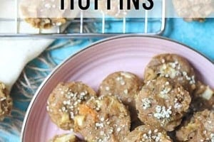 Pinterest graphic of a plate of muffins with the overlay text "sweet potato muffins."