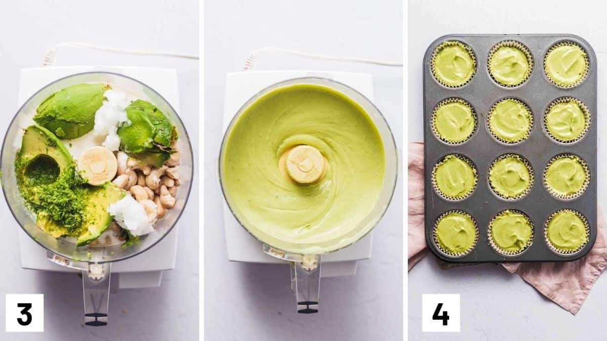 Set of three photos showing the filling before and after its been blended and then added on top of the crusts in the muffin tin.