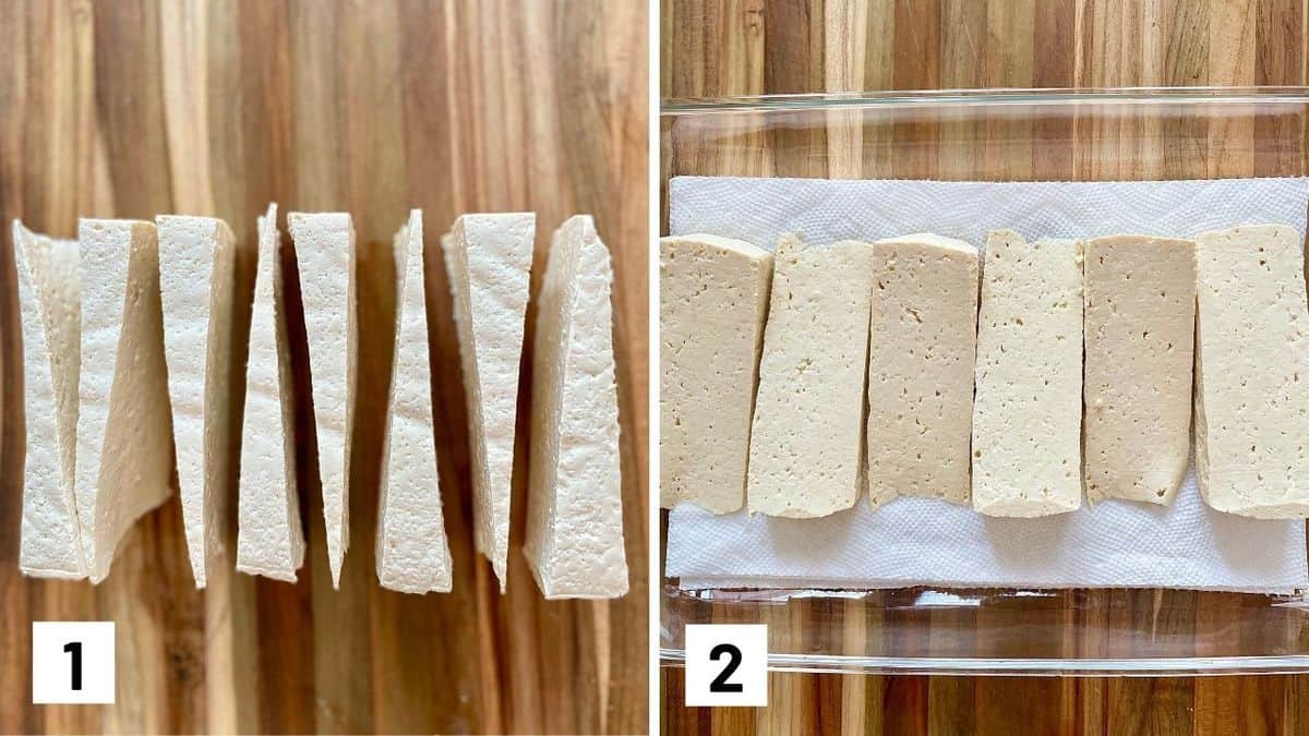 Set of two photos showing tofu cut and pressed.